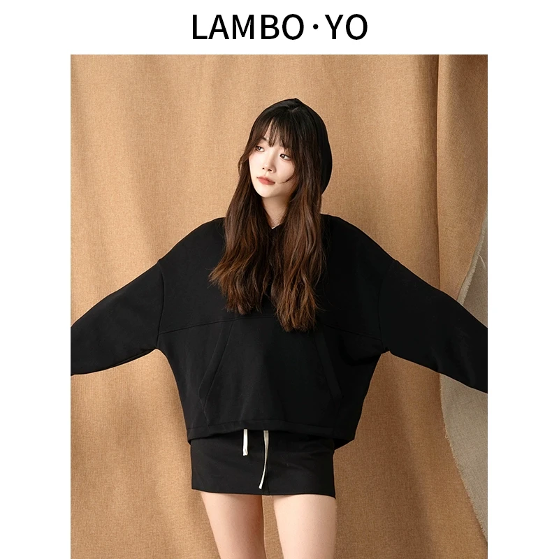 LAMBOYO2024秋季新款极简风经典显瘦上衣休闲百搭连帽卫衣女