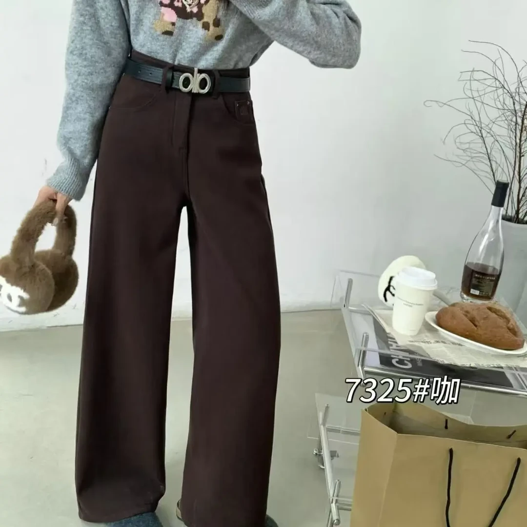 冬季加绒加厚复古深灰色高腰阔腿弯刀牛仔裤女显瘦百搭7325