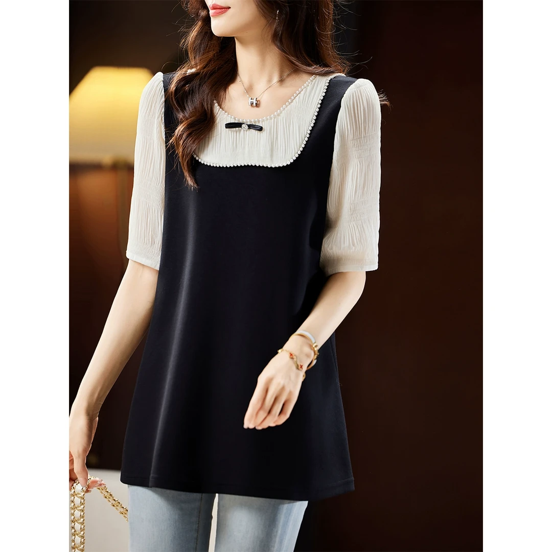 衣品乐撞色拼接钉珠短袖衬衫女夏新款宽松大码假两件上衣C2510