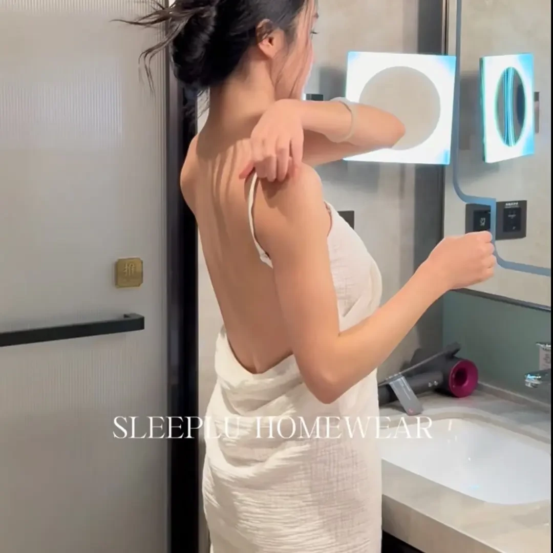 法式棉纱棉浴巾裙吊带裙吸水亲肤睡裙肩带可调浴裙露背显瘦休闲