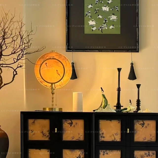 甄选鼓牌新中式台灯卧室床头柜复古中国风书房茶室彩绘子母团扇氛