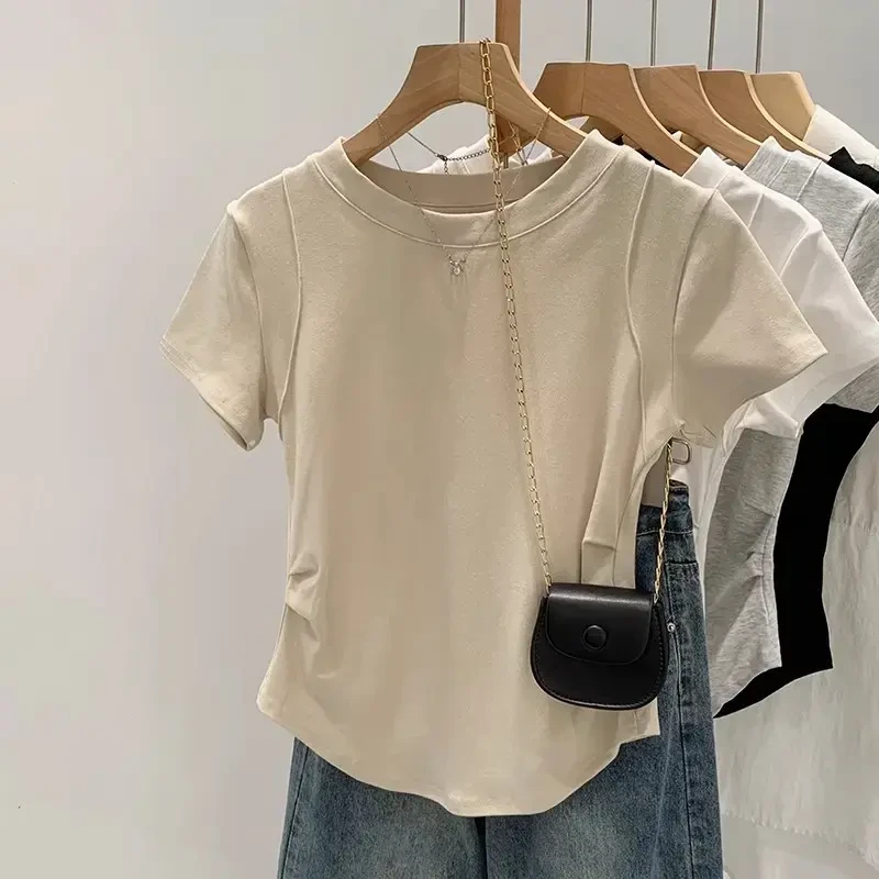2025经典百搭短袖圆领t恤衫设计感褶皱鱼骨修身纯欲夏季显瘦小衫