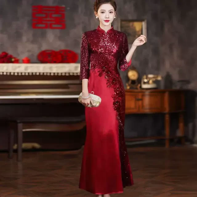 高级感轻奢喜婆婆婚宴装鱼尾旗袍年轻妈妈丈母娘婚礼新中式礼服裙