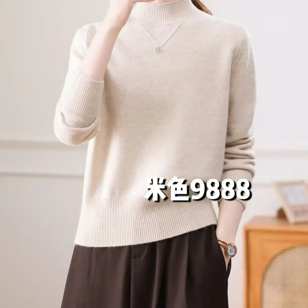 百搭保暖宽松宽松型常规女士洋气羊绒衫半高领纯色