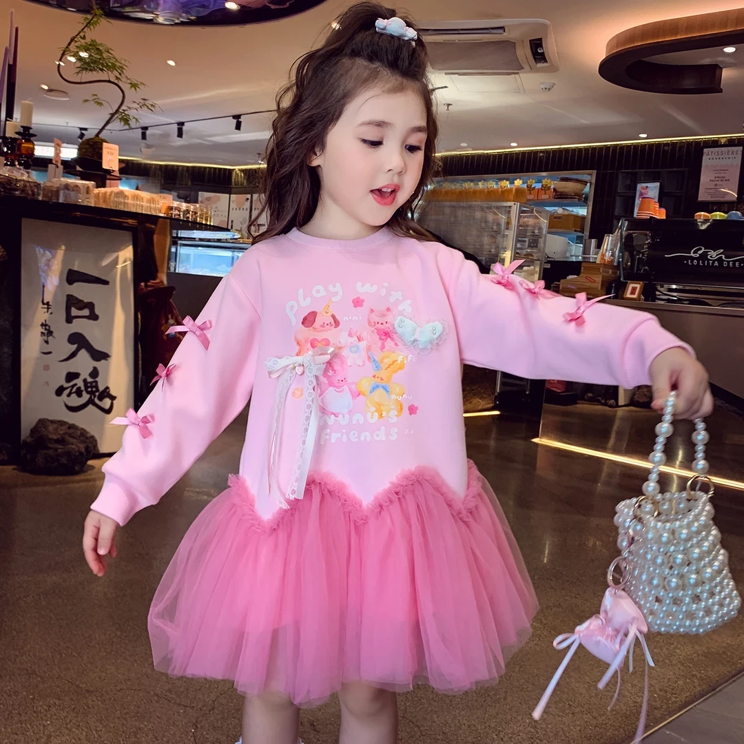 女童连衣裙春秋2025新款儿童长袖拼接裙子韩版女孩洋气公主裙卡通