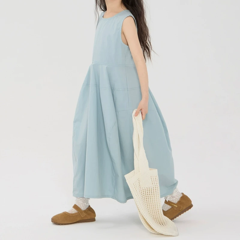 纯棉高级感女童连衣裙夏季儿童法式背心裙蓝色裙子气质长裙中大童