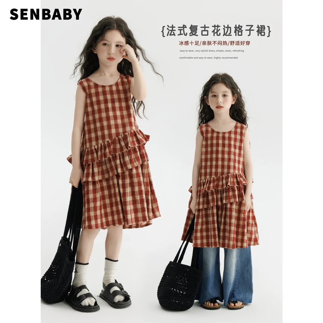 【现货】senbaby童装 女童背心连衣裙2025夏季新款红格子无袖背心裙