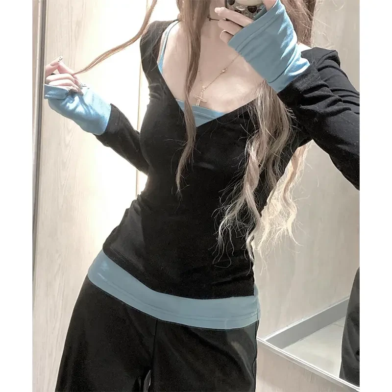 韩系设计感长袖修身打底衫女秋季新款纯欲风百搭显瘦撞色T恤上衣