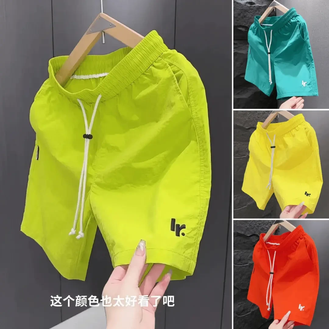 薄款速干潮流短裤男女休闲五分沙滩裤青色时尚宽松青少年糖果色夏