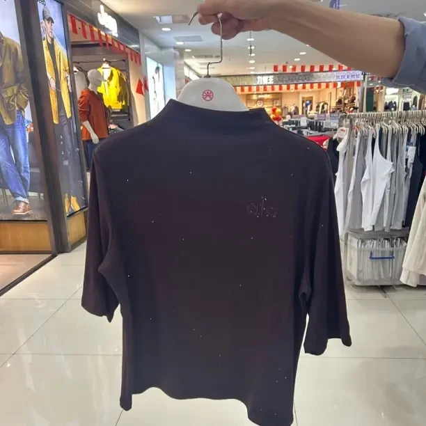 欧美风新潮风常规常规款短款T恤女修身型立领短袖