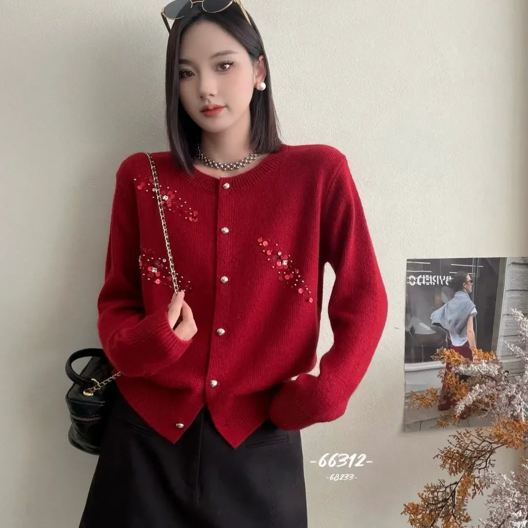 韩系宽松秋冬亮片钉珠针织开衫女款时尚百搭