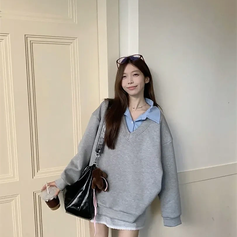 【夏日终章】拼接假两件卫衣女套秋季休闲宽松上衣慵懒韩版百搭