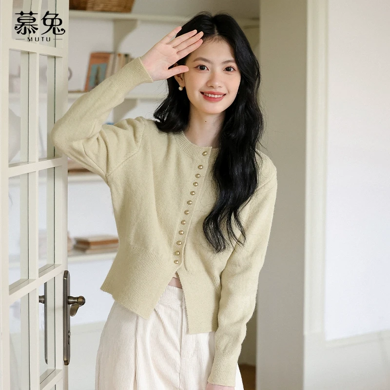 慕兔复古法式针织开衫毛衣女2024秋季新款设计感小众气质短款上衣