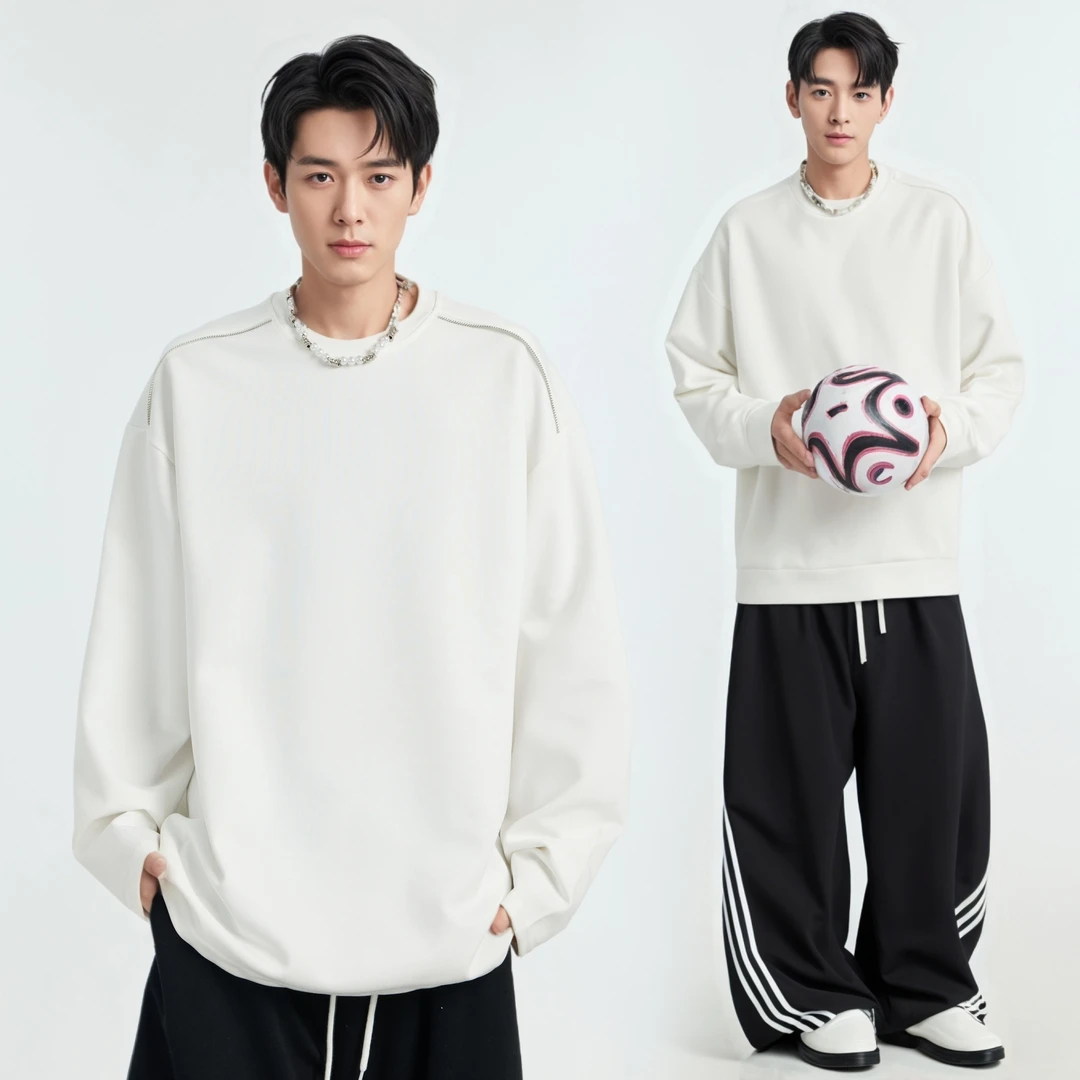 秋冬长袖T恤男设计感内搭外穿长袖上衣宽松拉链设计休闲圆领卫衣