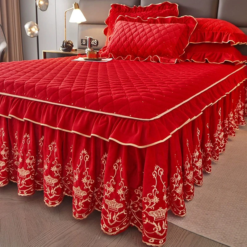 高端婚庆宝宝绒床裙冬季加绒加厚夹棉床罩结婚红色陪嫁床品可水洗
