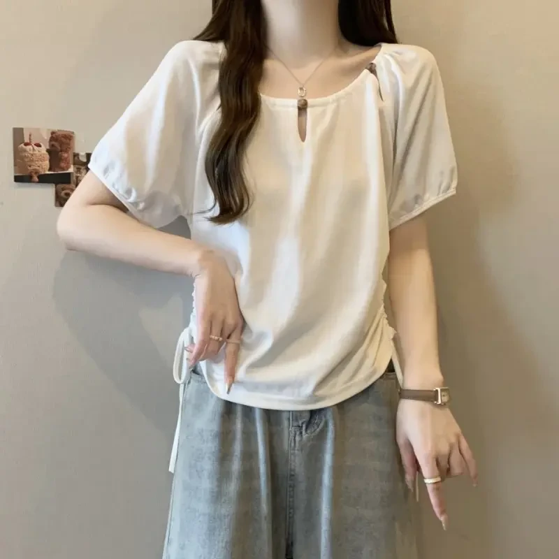 大码设计感串珠短袖T恤女夏季新款胖MM宽松显瘦百搭洋气抽绳上衣