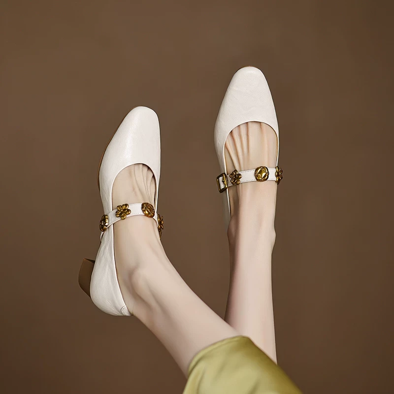 真皮法式复古玛丽珍鞋女2025新款一字带浅口单鞋中跟小皮鞋