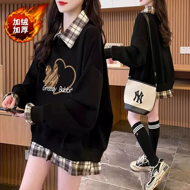 大码女装假两件加绒加厚卫衣女秋冬新款韩版宽松百搭设计感上衣潮