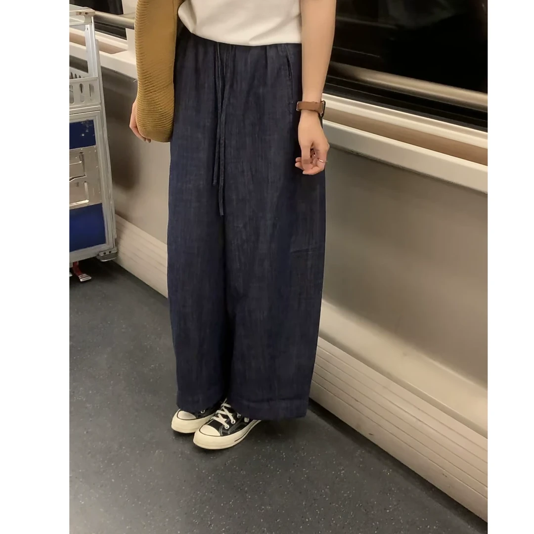 chao级推荐！复古深蓝色棉麻牛仔裤女2025夏季随性抽绳微阔奶奶裤