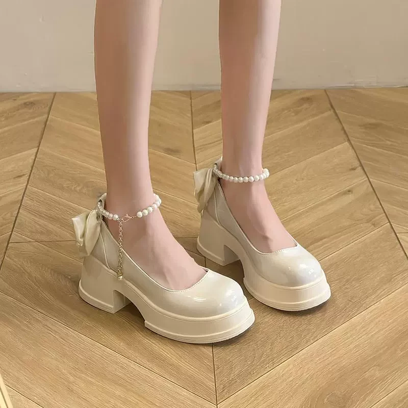 花婉玛丽珍婚鞋主婚纱鞋粗跟防水台日常可穿新娘鞋法式白色伴娘鞋