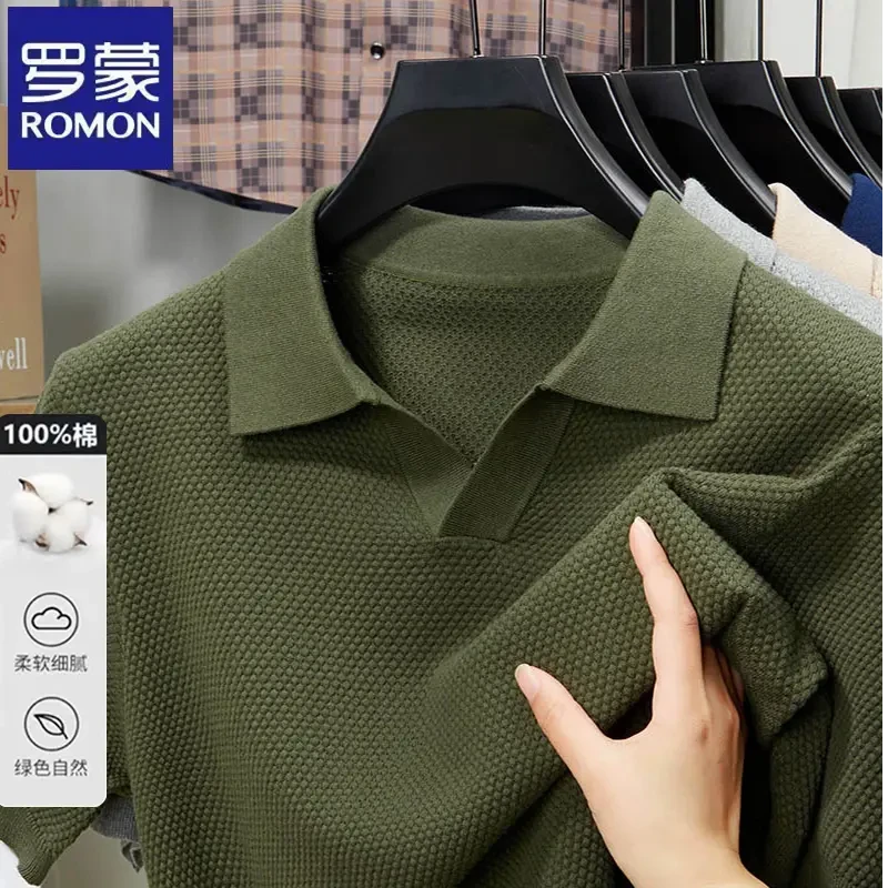 【100%纯棉】罗蒙2025绿色菠萝针休闲海鸥领短袖针织衫夏季新款毛衣