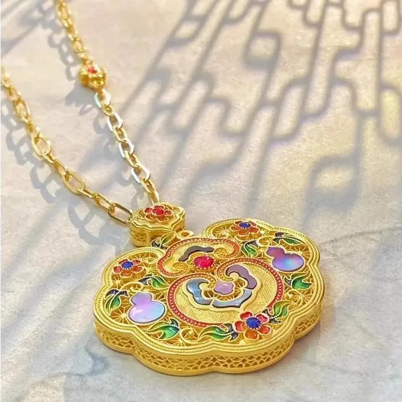 铜合金项链 古法螺钿黄金色葫芦项链日进斗金配饰福禄平安锁项链