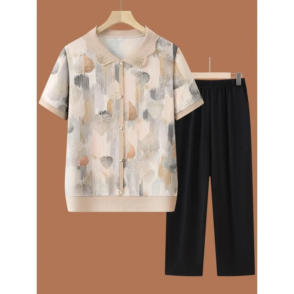 中老年人夏装女小个子妈妈装短袖小衫洋气奶奶T恤套装老太太衣服