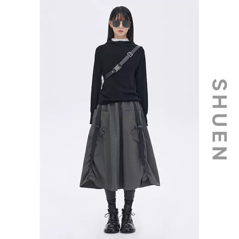 束恩抽褶织带全棉长裙2025新款秋季工装口袋灰色松紧腰a字半身裙