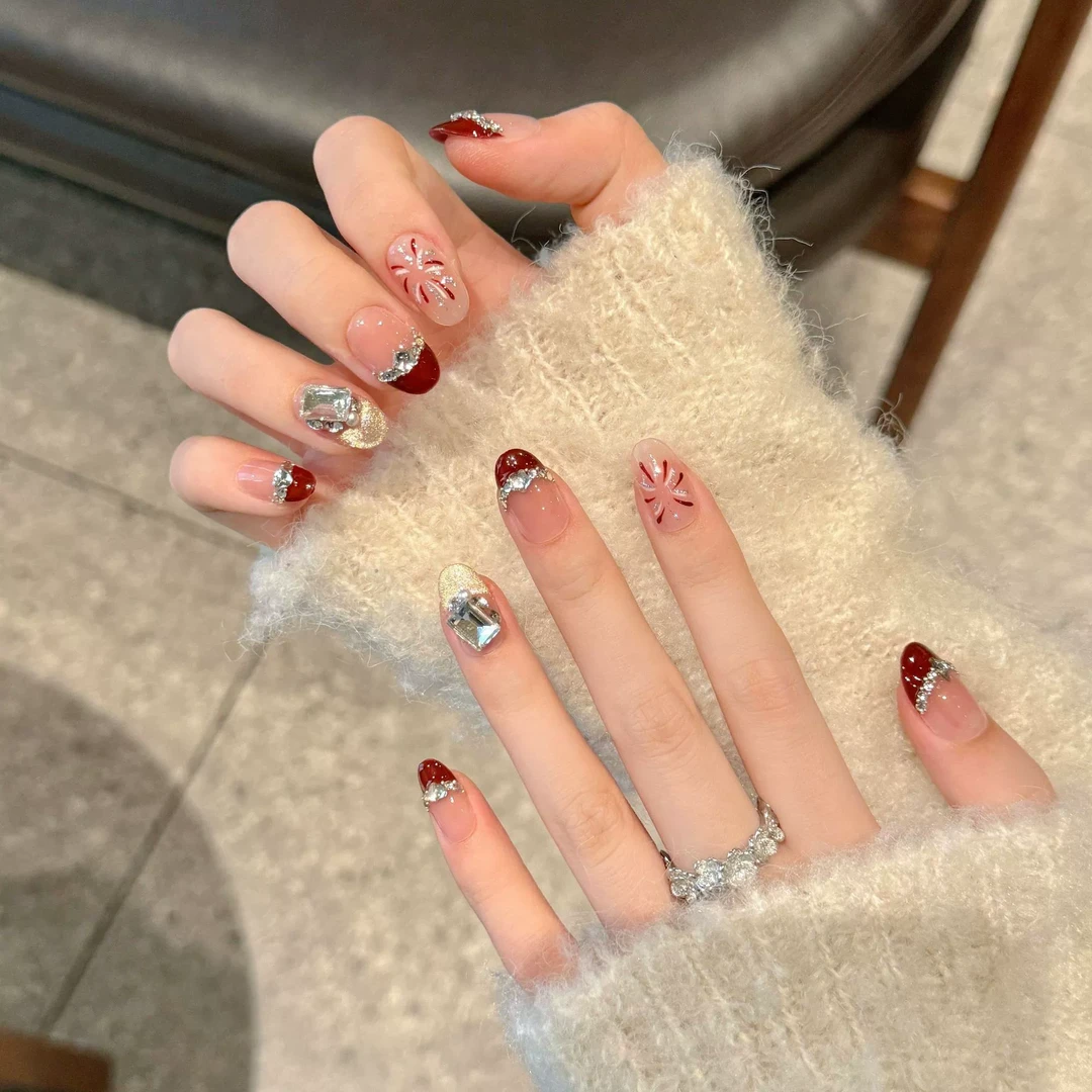 小金家[璀璨烟火]手工穿戴甲烟花猫眼法式爆闪车厘子红新年美甲