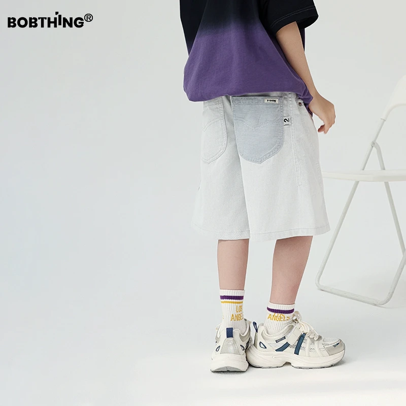 PP撞色口袋男童夏季白灰色牛仔中裤薄款裤子儿童五分裤休闲短裤潮