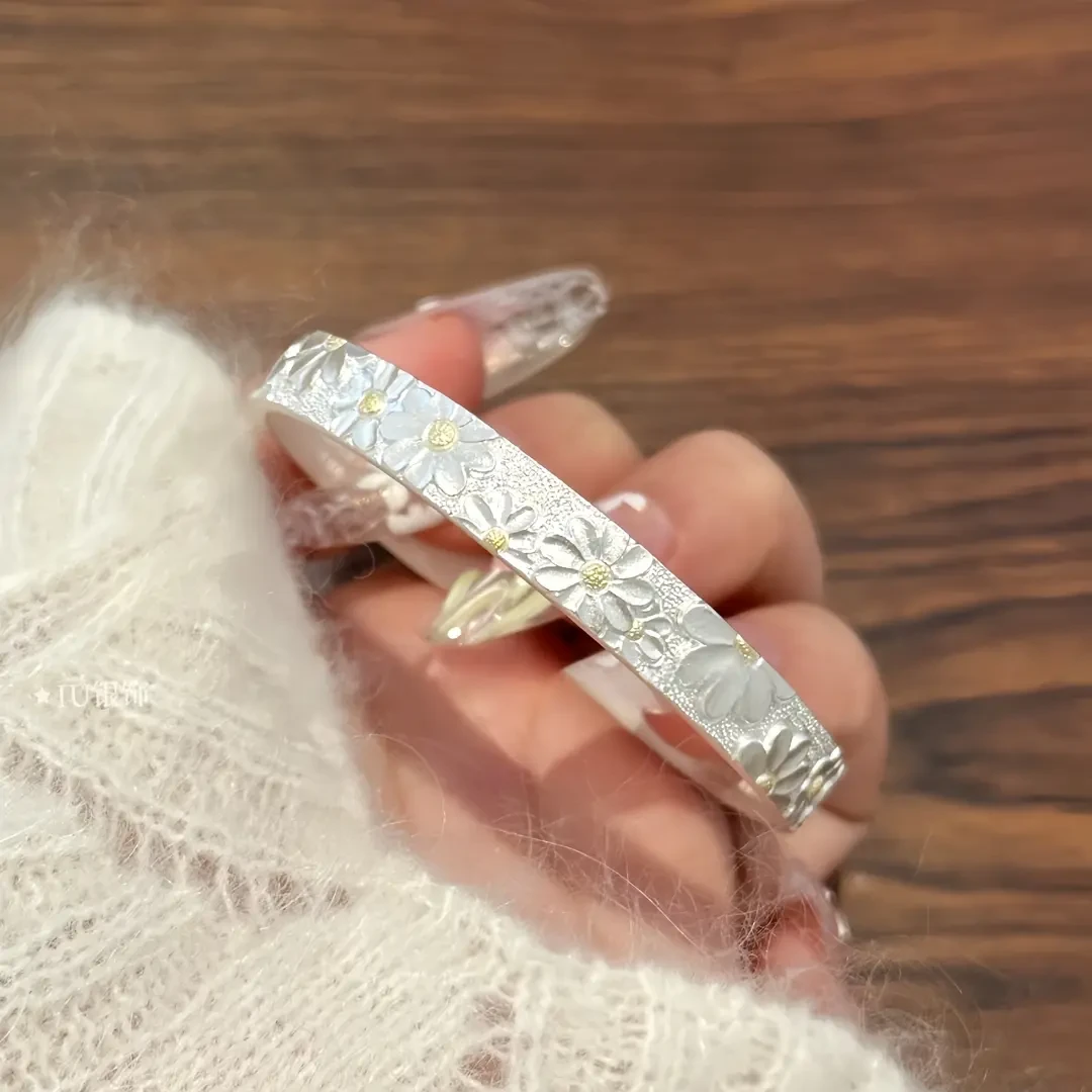 足银手镯 雏菊银色.纯银999.9手镯高级首饰简约精致送女友礼物