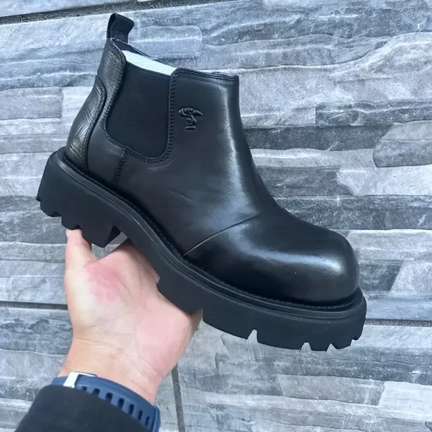 增高粒面皮圆头切尔西靴高帮一脚蹬套筒透气厚款雕花