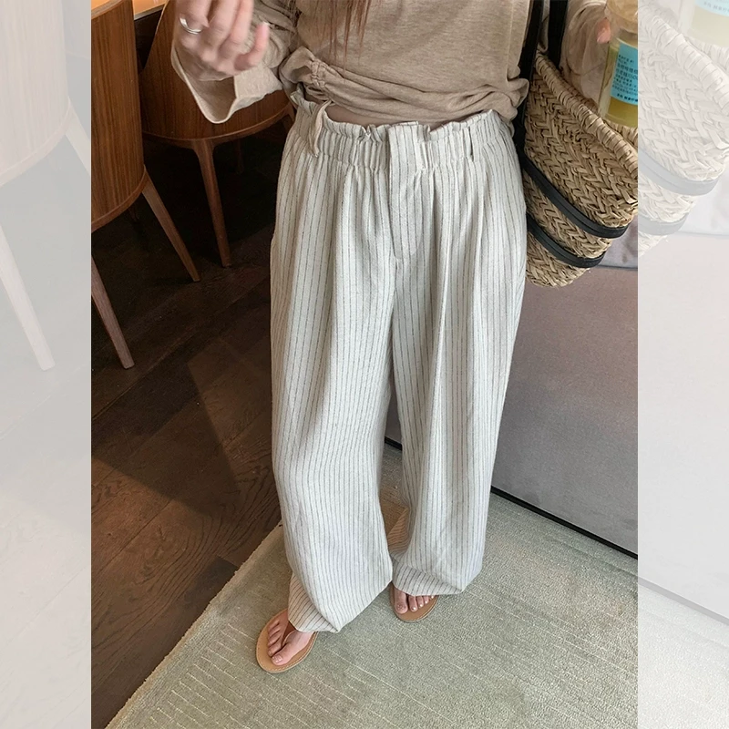 【年货捡漏】乌77松弛感条纹棉麻花苞休闲裤女松紧腰显瘦拖地长裤