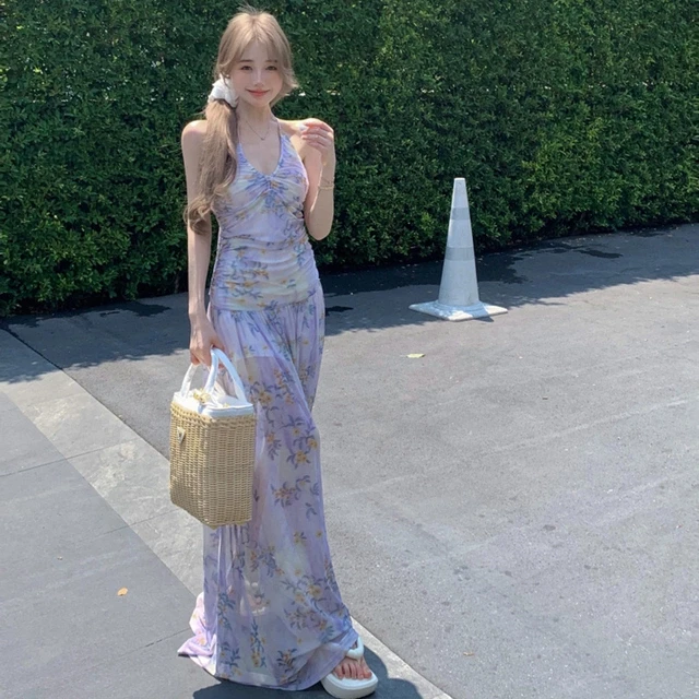 海边度假风小碎花紫色挂脖吊带连衣裙女夏季辣妹网纱露背A字裙子