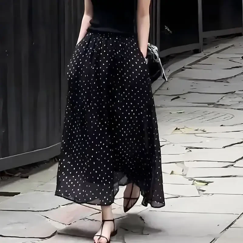 波点半身裙女2025春夏新款中长款雪纺裙高腰显瘦宽松A字大摆裙子