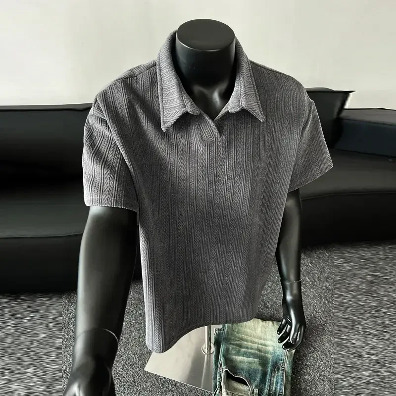 麦穗纹提花polo领重磅短袖T恤男夏季美式复古潮牌宽松五分半中袖