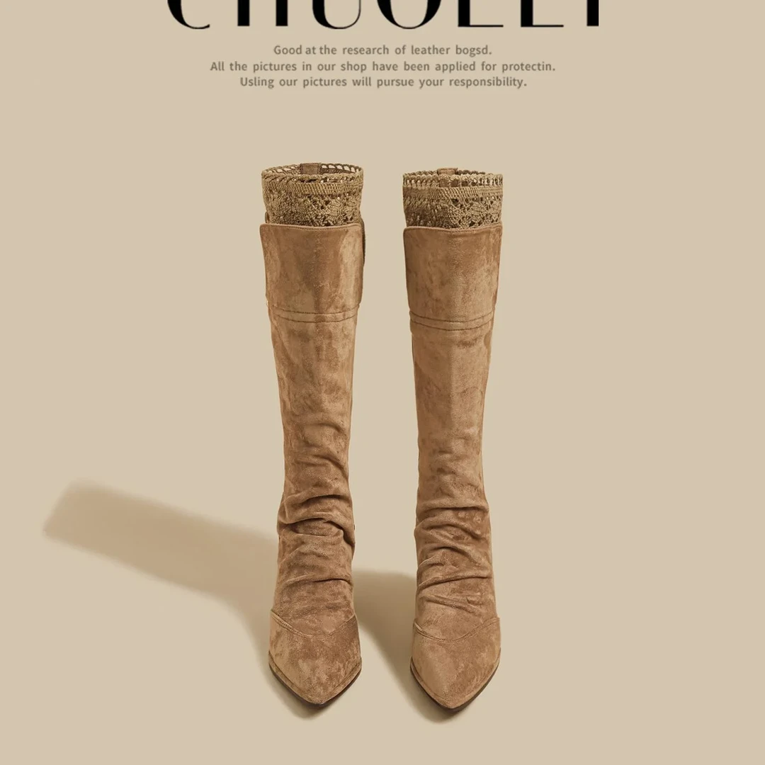 2025秋季新款粗跟长筒靴女棕色褶皱蕾丝不过鞋子女ins潮牌百搭鞋