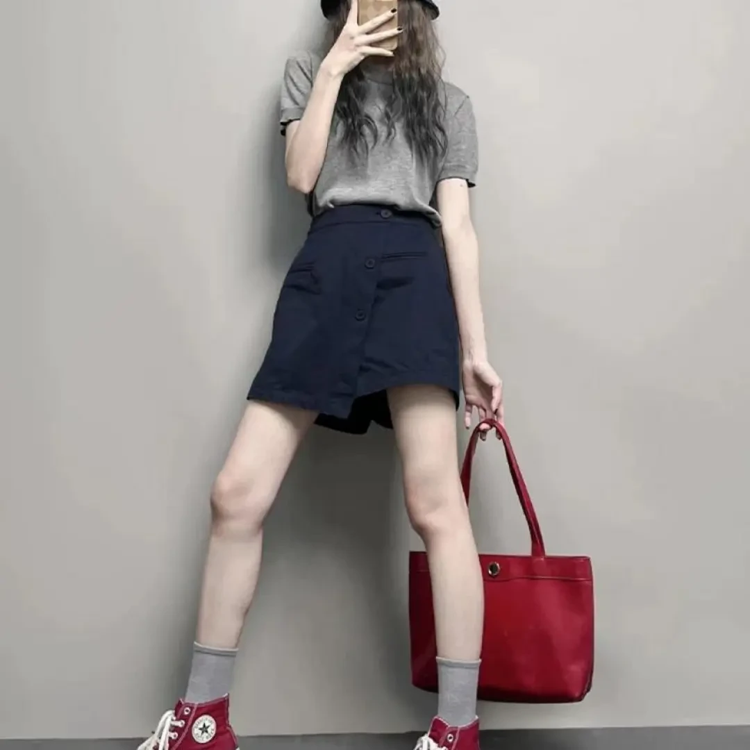 2025夏季新款韩系穿搭休闲百搭T恤上衣高腰显瘦不规则阔腿裙裤女