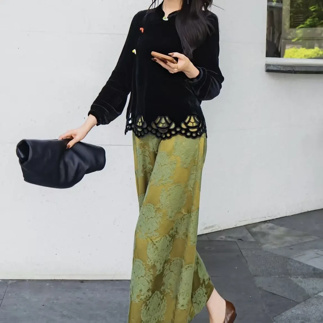 早秋新款国风气质遮肉显瘦高腰宽松阔腿休闲九分裤阔腿裤