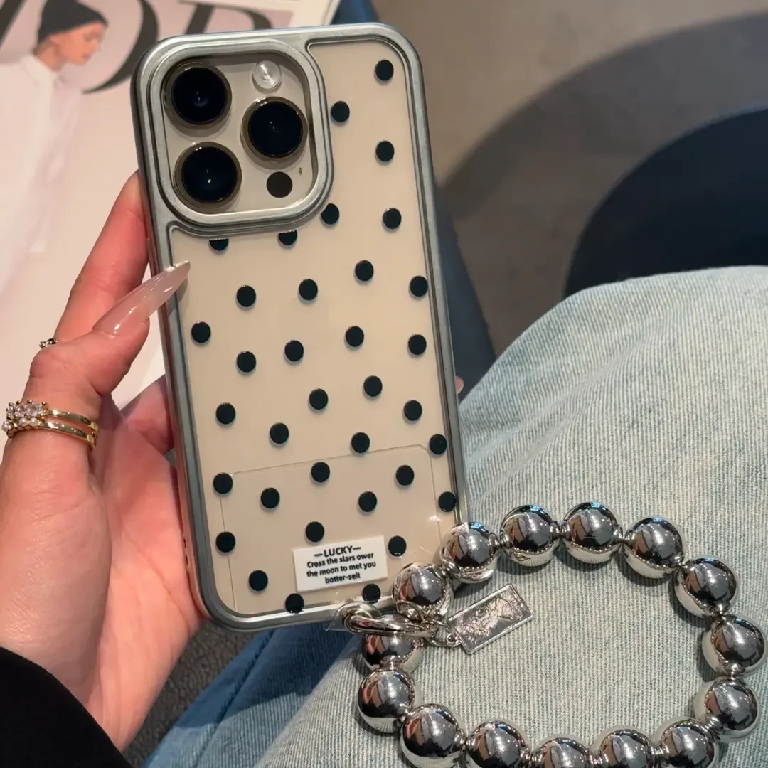 适用适用电镀银框波点苹果16手机壳15pro圆珠手链iPhone13pro女款