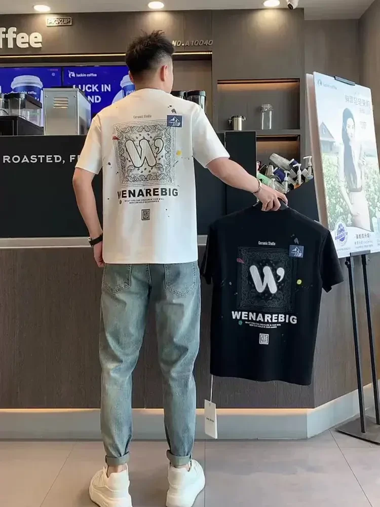 欧货夏季新款超火小众高级感insT恤男士百搭圆领修身短袖休闲上衣