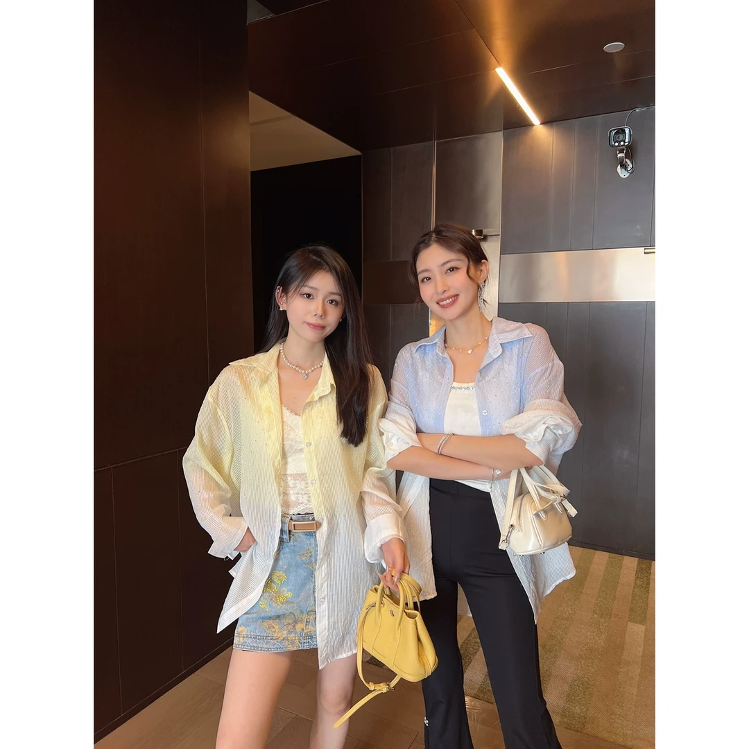 2025夏季新款高端欧货重工镶钻渐变色时尚设计师衬衫防晒上衣