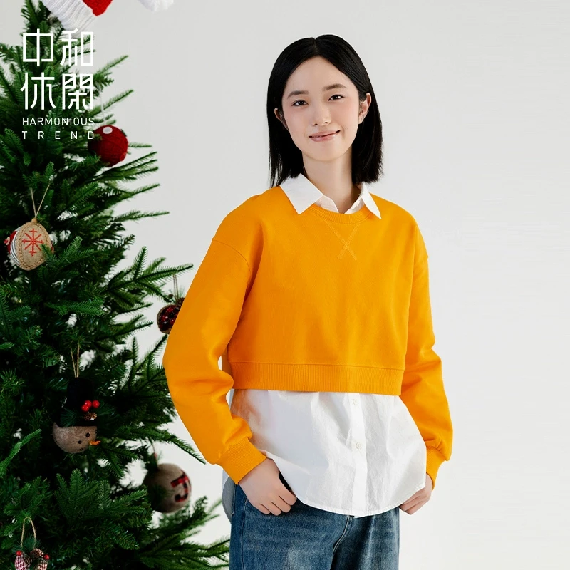 中和休闲宽松圆领卫衣女2025春季新款纯色套头衫橙色显白时尚上衣