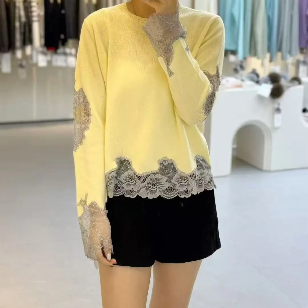 鄂家同款100%山羊绒撞色蕾丝拼接长袖针织衫