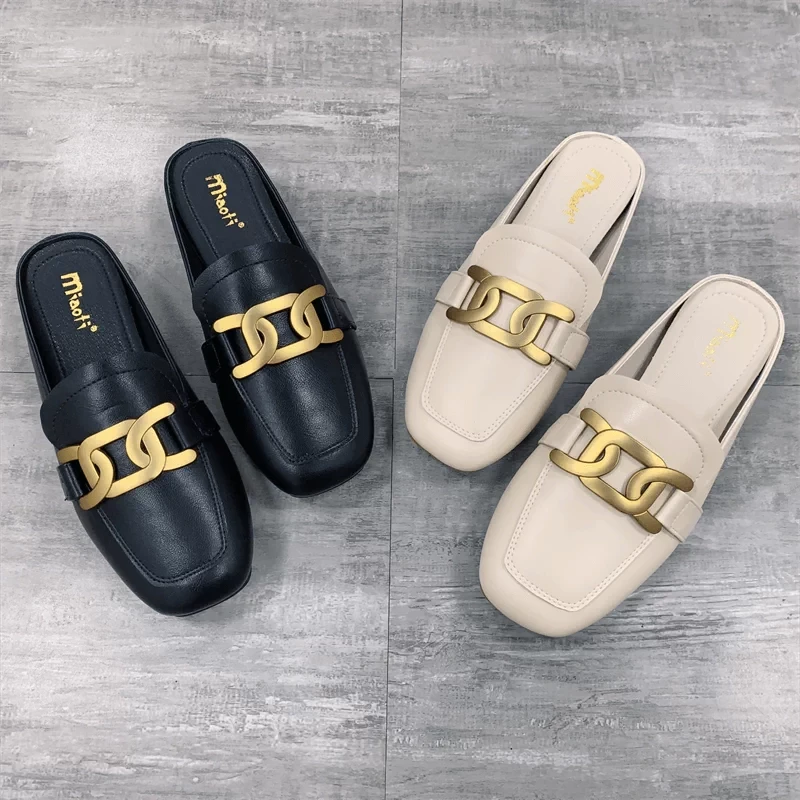 2025春秋新款韩版包头半拖鞋女平底软底穆勒鞋懒人大码女鞋41-43