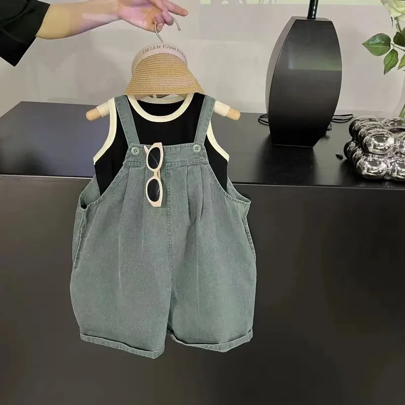 2025韩版男童女童薄款夏季套装牛仔背带裤女童男宝宝宝背带裤时尚