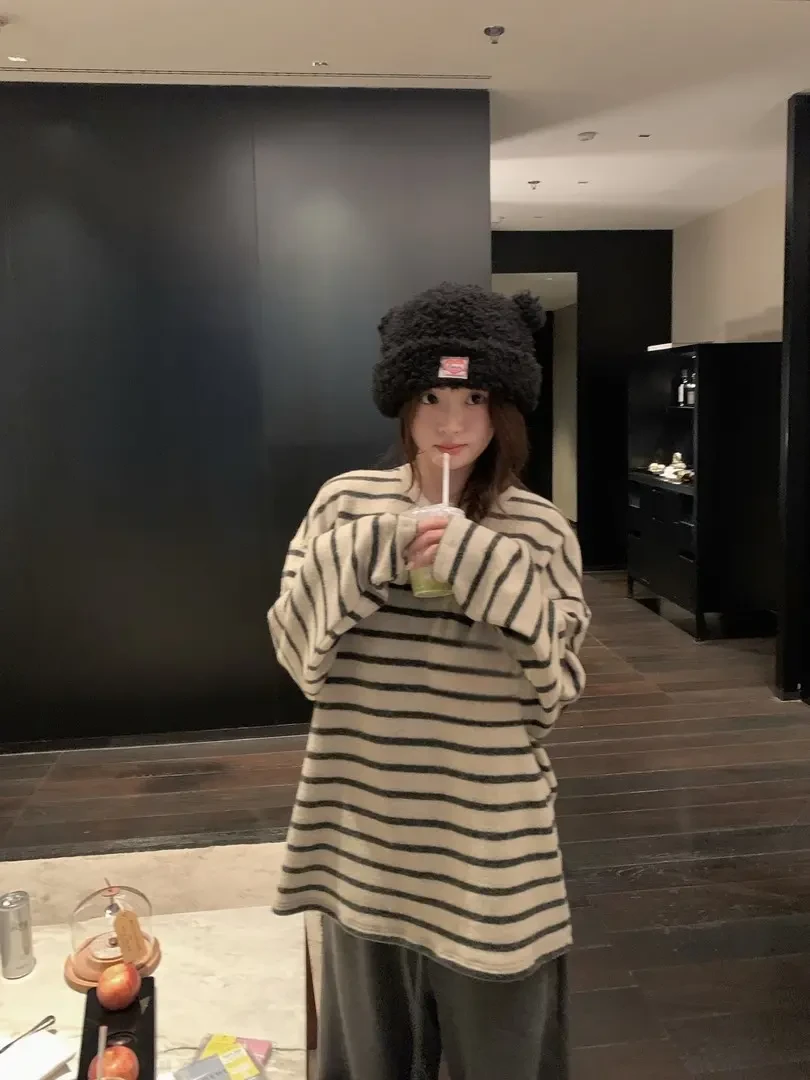 海盐奥利奥3.0 懒人穿搭慵懒风条纹撞色磨毛T恤女秋冬长袖上衣ins