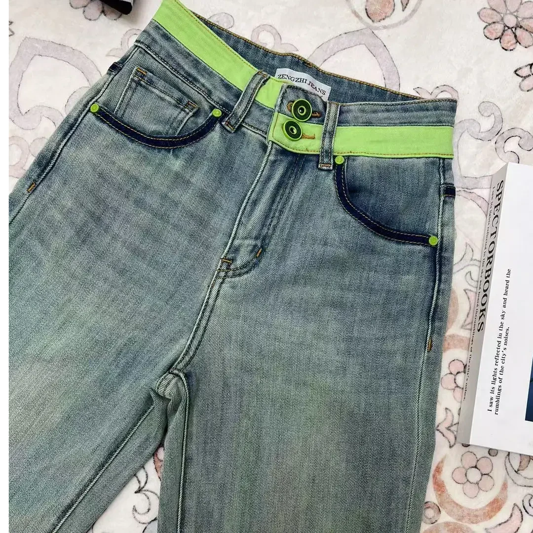 2025年夏季新款阔腿牛仔裤女高腰宽松百搭个性绿色边直筒阔腿裤10