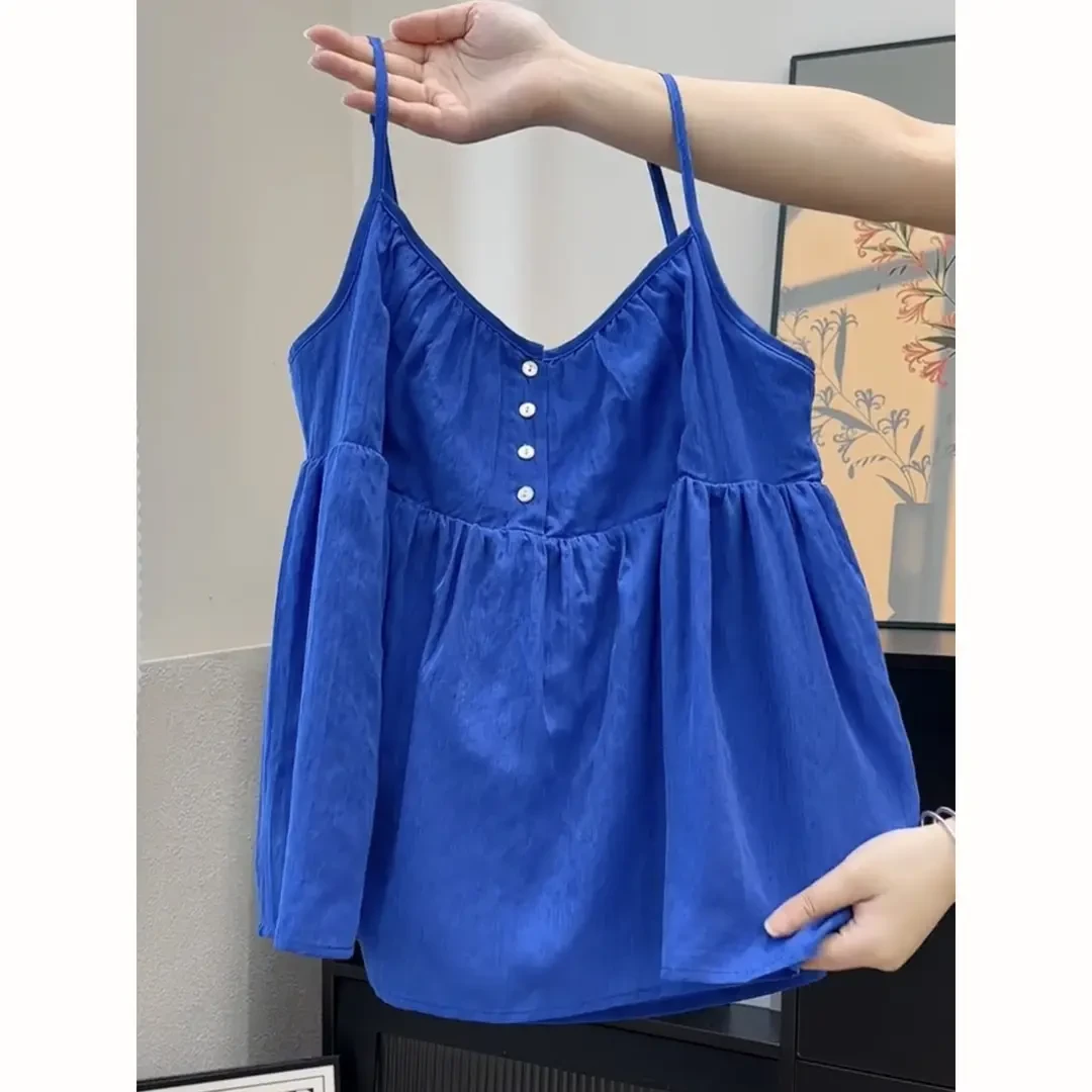 韩系甜美V领花苞吊带背心女夏外穿设计感宽松短款无袖娃娃衫上衣