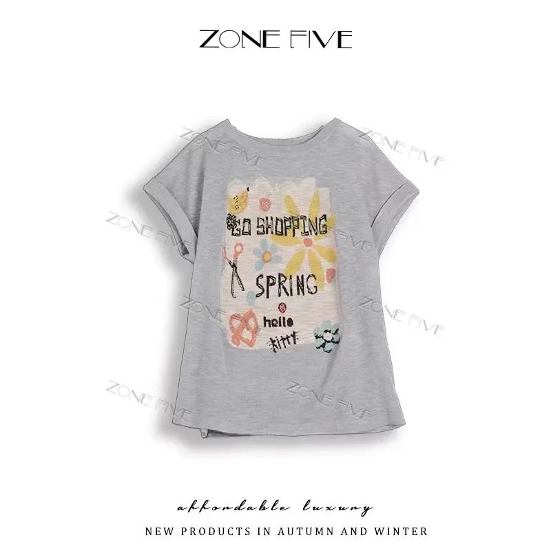 【zouafive】夏季薄款潮牌女装  女装t恤韩版半袖百搭休闲圆领卡通